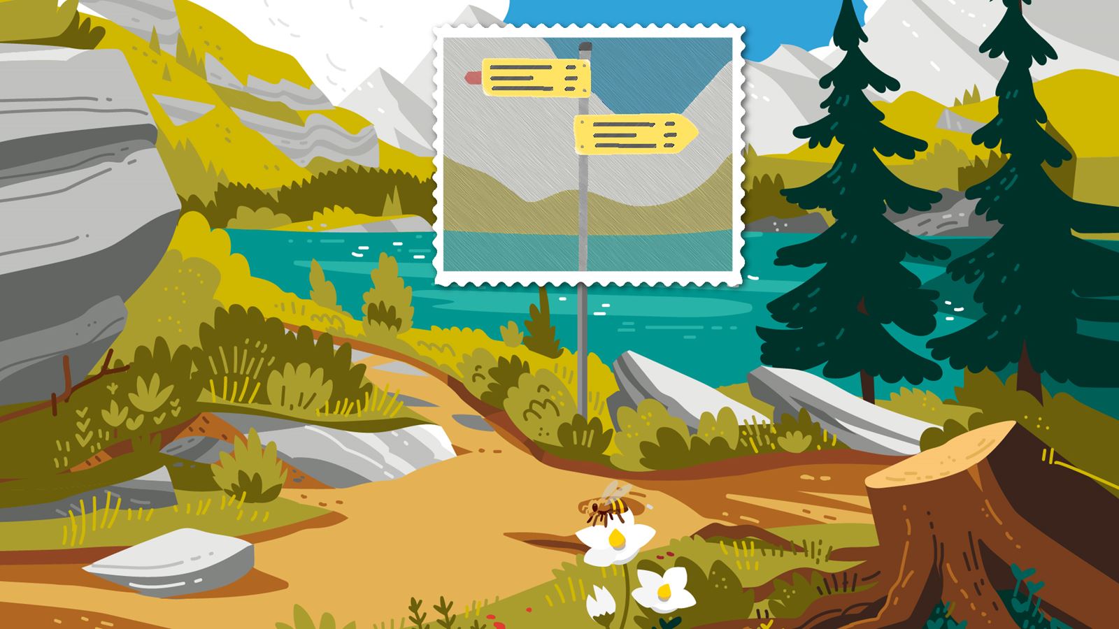 Illustration: panneaux indicateurs de randonnée devant un lac de montagne. Les panneaux sont mis en relief par un cadre rappelant la forme d’un timbre.